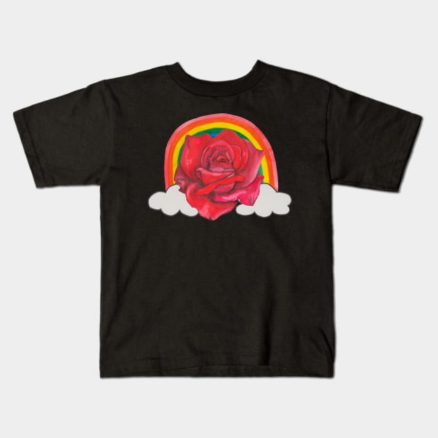 Red rose in rainbow Kids T-Shirt by deadblackpony